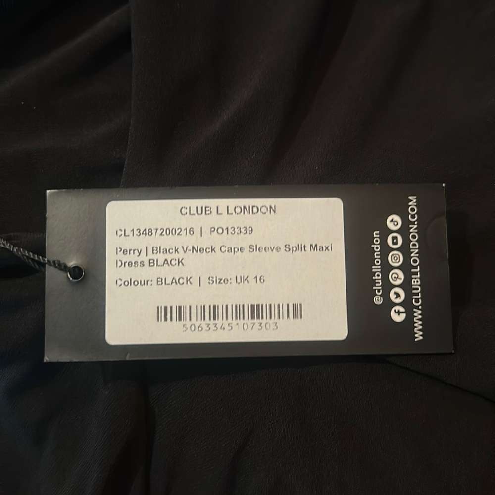 Club London NWT
US size 12 
Black V neck cape sleeve split maxi